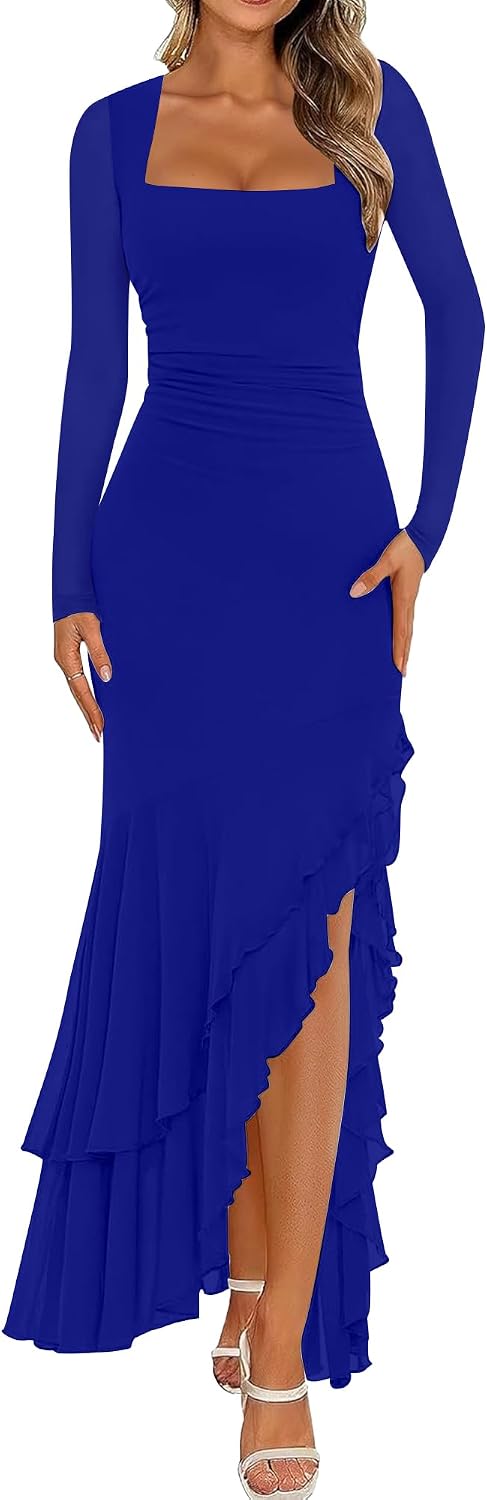 BORIFLORS Women's Bodycon Fall Wedding Guest Long Sleeve Maxi Dress | Mermaid Ruffle, Square Neck, Ruched Mesh,Winter, Elegant, Cocktail Formal Long Dresses
