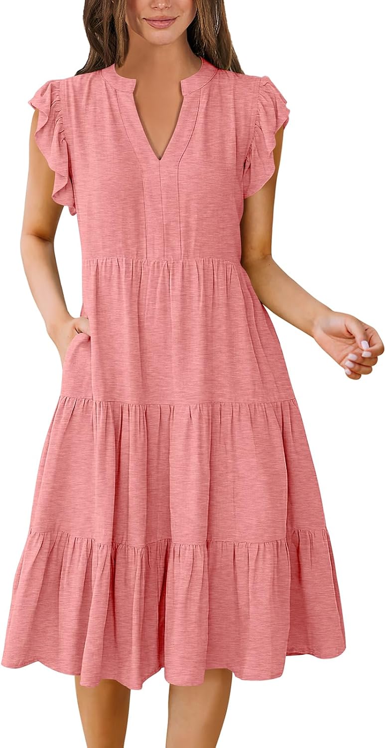 ANRABESS Womens Summer Dress Ruffle Sleeve V Neck Midi Dresses | Flowy Tiered Boho Beach Sundress, Casual Fit Knee Length, Fashion Vacation Work Outfits 2026