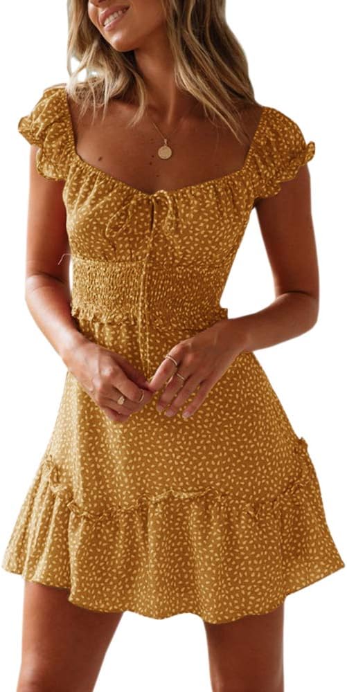 YOBECHO Women Summer Sundress Cap Sleeve Sweetheart Neck Print Mini Dress | Sundresses, Smocked Waist, Boho Floral, Flowy Ruffle Hem, Beach, Country Concert, Date Night