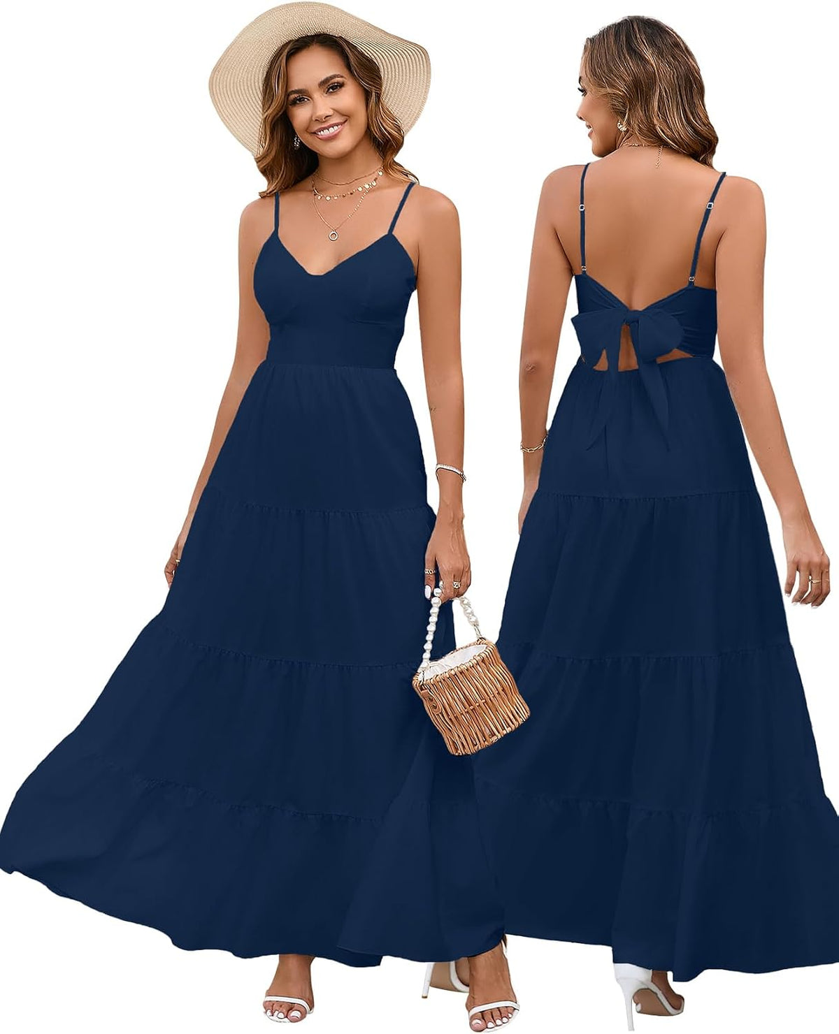 HTZMO Women Summer Floral Maxi Sundress Boho Beach Long Dress | Wedding Guest Bridal baby Shower Vacation Party Dresses 2026, Bow Tie A Line Flowy V Neck Spaghetti Strap