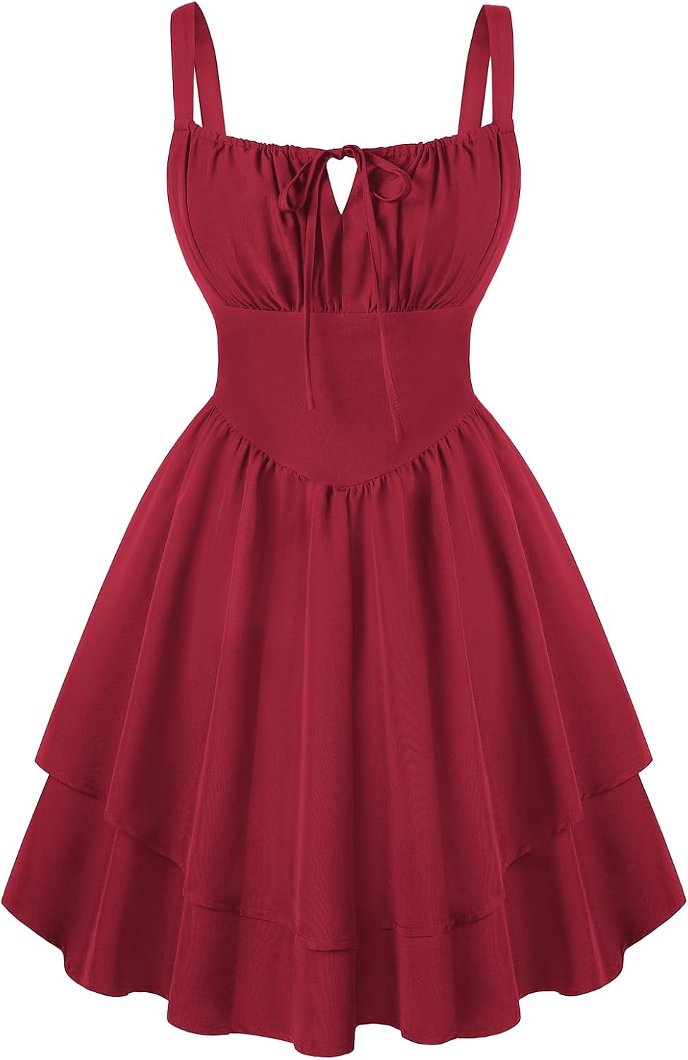 Scarlet Darkness Corset Mini Dress for Women Teens Grad Homecoming Sundress | Adjustable Straps, Tie Square Neck, Smocked Back, Zip & Pocket, Layered A-Line Hem. For Daily, Date, Graduation & Homecoming