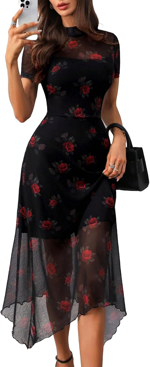 GothDark Women Summer Wedding Guest Floral Mesh Irregular Hem Midi Dress | A-Line, Short Sleeve, Sheer Mesh Overlay, Elegant Vintage Dresses For Party, Semi Formal, Vacation, Dinner, Church