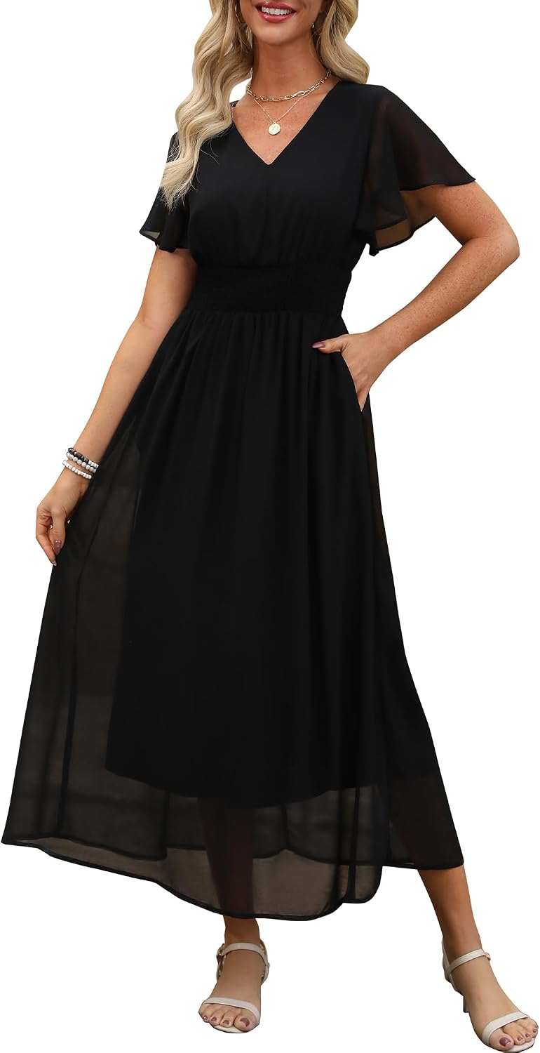 ANRABESS Womens Summer Floral Maxi Dress Casual V Neck Short Sleeve Chiffon Boho Flowy Beach 2026 Wedding Guest Long Dresses