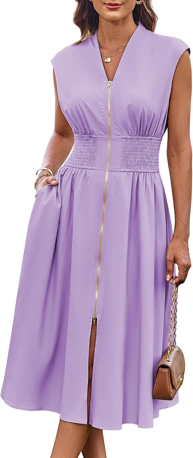 GRACE KARIN Womens Casual Dress, Business Office Work Homecoming Dresses | 2026, Cap Sleeve, Zipper Front, V Neck, Professional, Knee Length, Sleeveless, Flowy, Midi, Fall, Formal, Wedding, Hoco