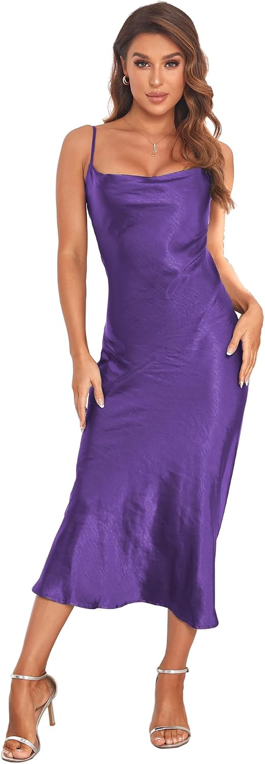 Women's Spaghetti Strap Midi Satin Silk Dresses Slip Cowl Neck Party Cocktail Evening Sexy Dress