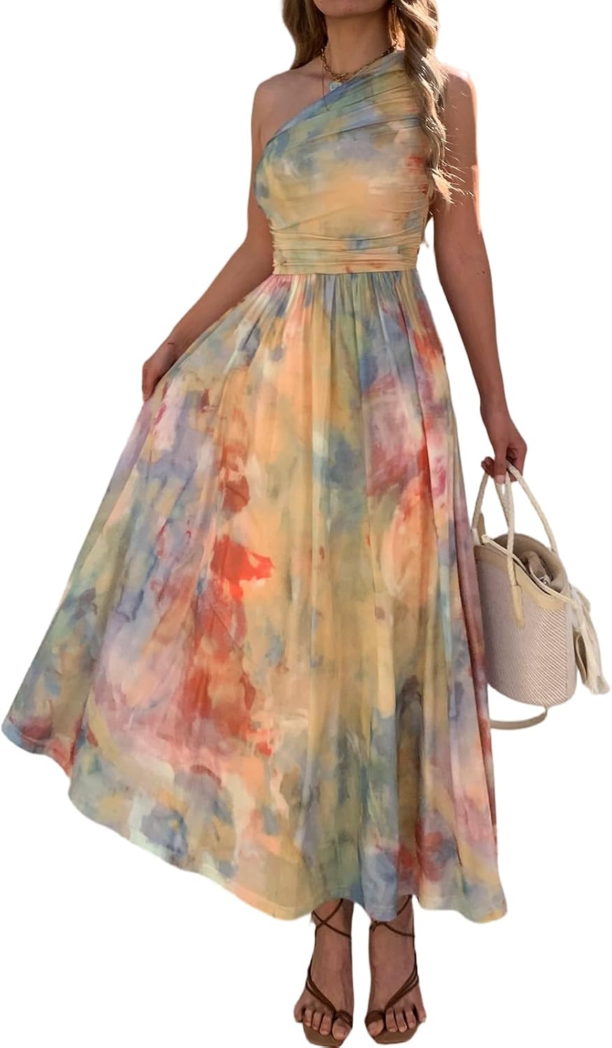 Evzeiem Women One Shoulder Floral Wedding Guest Maxi Dresses | Spring Summer Boho Beach Vacation Resort Dress,Flowy Party Garden Cruise Outfit Sundress, Ruched Mesh Night Out Formal Dress