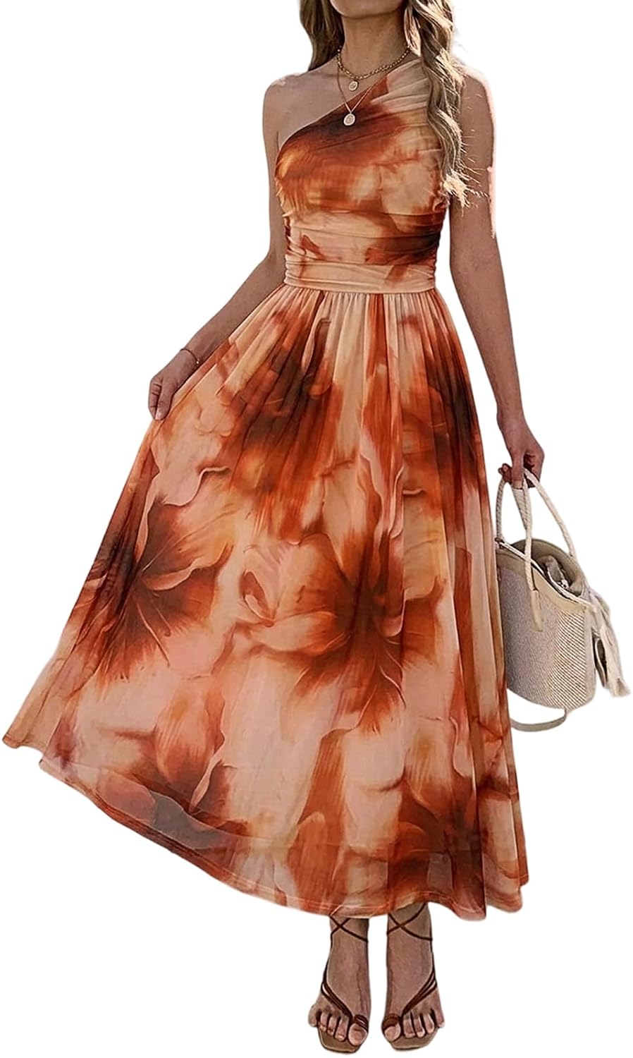 Evzeiem Women One Shoulder Floral Wedding Guest Maxi Dresses | Spring Summer Boho Beach Vacation Resort Dress,Flowy Party Garden Cruise Outfit Sundress, Ruched Mesh Night Out Formal Dress