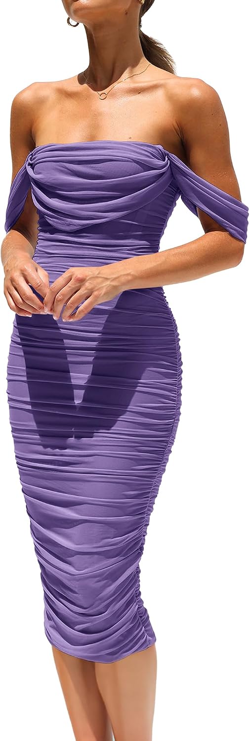 PRETTYGARDEN Women's Off Shoulder Bodycon Tube Midi Dress | Stretchy Ruched Mesh, Draped Sleeves, Elegant Dinner Party Dresses, Spring Summer Outfits for Wedding, Homecoming, Date Night
