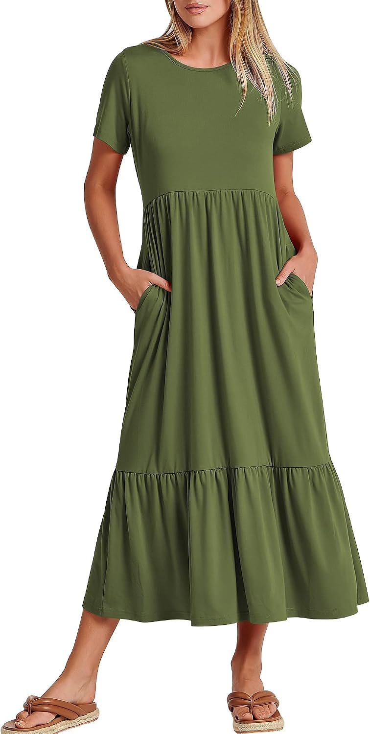 ANRABESS Womens 2026 Summer Casual Short Sleeve Maxi Dress with Pockets | A-Line Tiered Flowy Crewneck T Shirt Dresses，Comfy Modest Long Dress，Beach Travel Vacation Sundress，Work Teacher Outfits