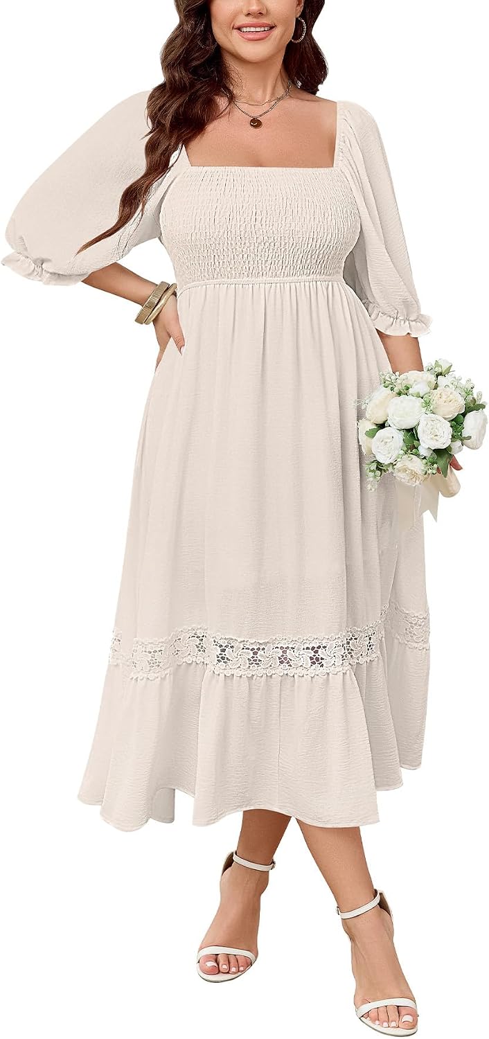 SCOMCHIC Womens 2026 Plus Size Fall Dresses White Bridal Shower Maxi Dress | Square Neck, Smocked, Spring, Flowy A-Line, Lace Trim, Boho, Wedding Guest, Tea Party Dress