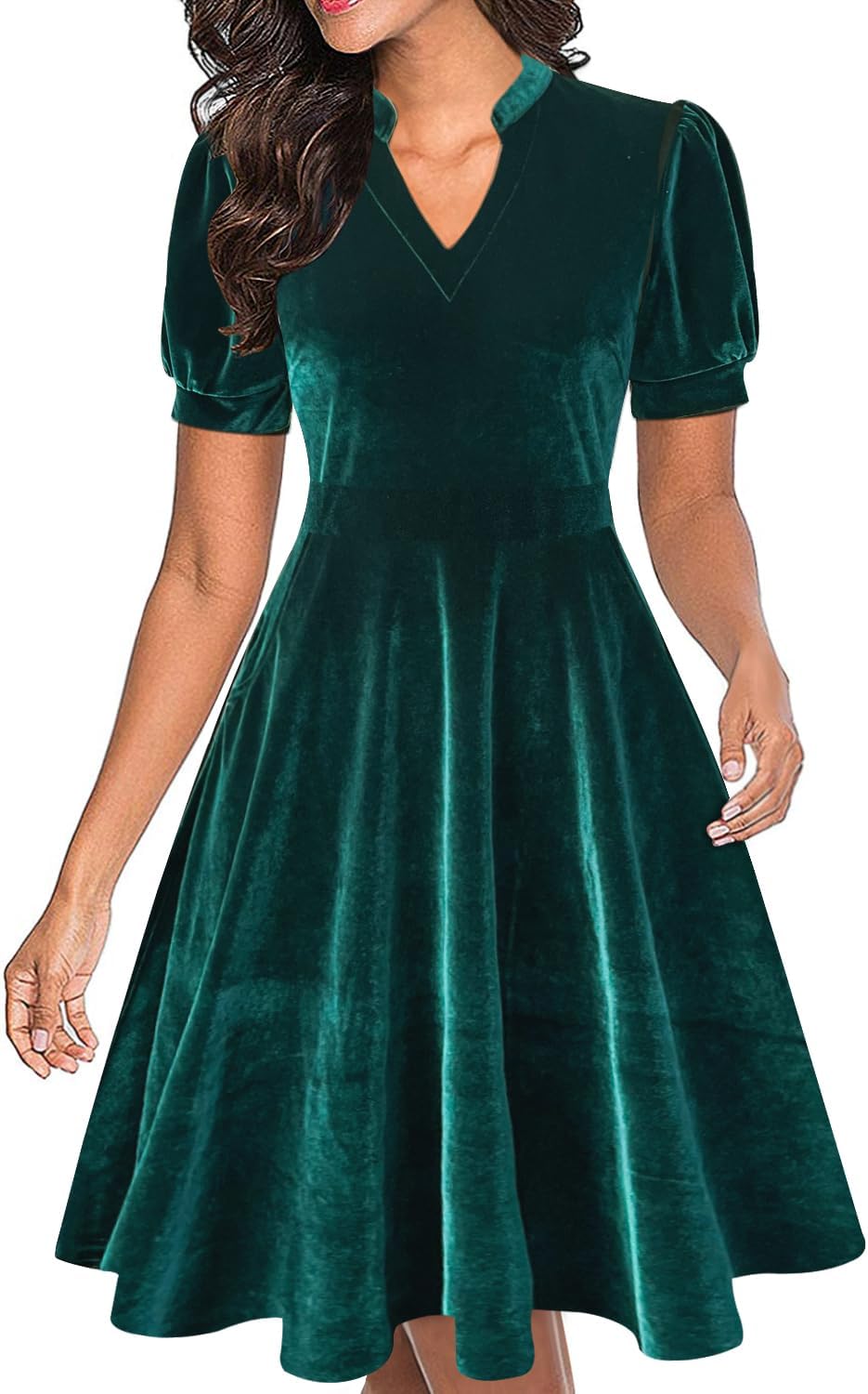 Mokayee Womens Summer Short Puff Sleeve Casual Semi-Formal Fit and Flare Church Wedding Guest Work Dresses with Pockets