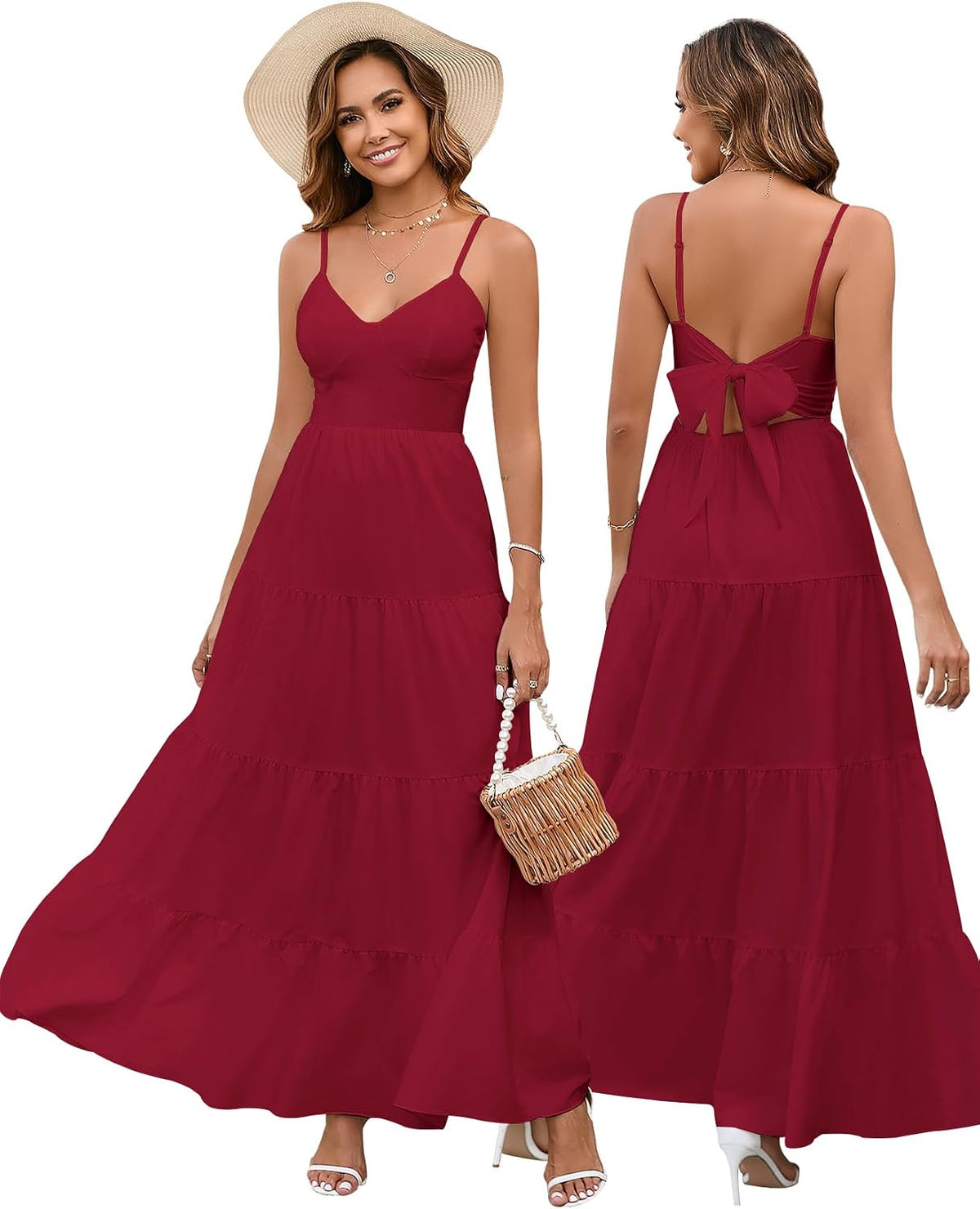 HTZMO Women Summer Floral Maxi Sundress Boho Beach Long Dress | Wedding Guest Bridal baby Shower Vacation Party Dresses 2026, Bow Tie A Line Flowy V Neck Spaghetti Strap