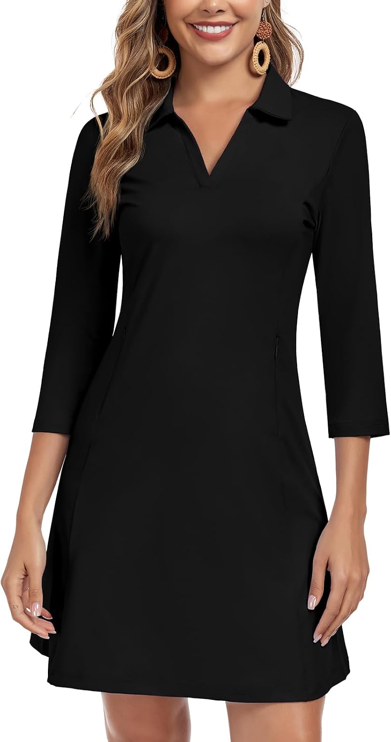 WOWENY 3\/4 Sleeve Dress for Women with Pockets V Neck UPF 50+ Casual Sun Dress Breathable Quick Dry Beach Vacation