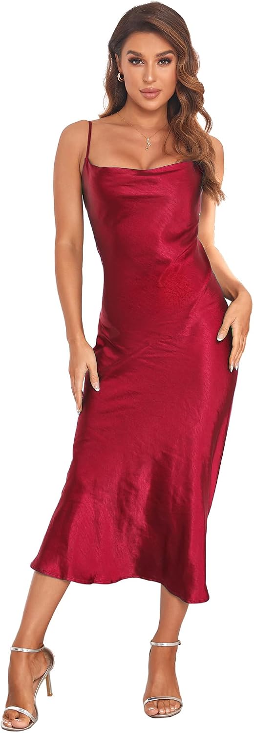 Women's Spaghetti Strap Midi Satin Silk Dresses Slip Cowl Neck Party Cocktail Evening Sexy Dress