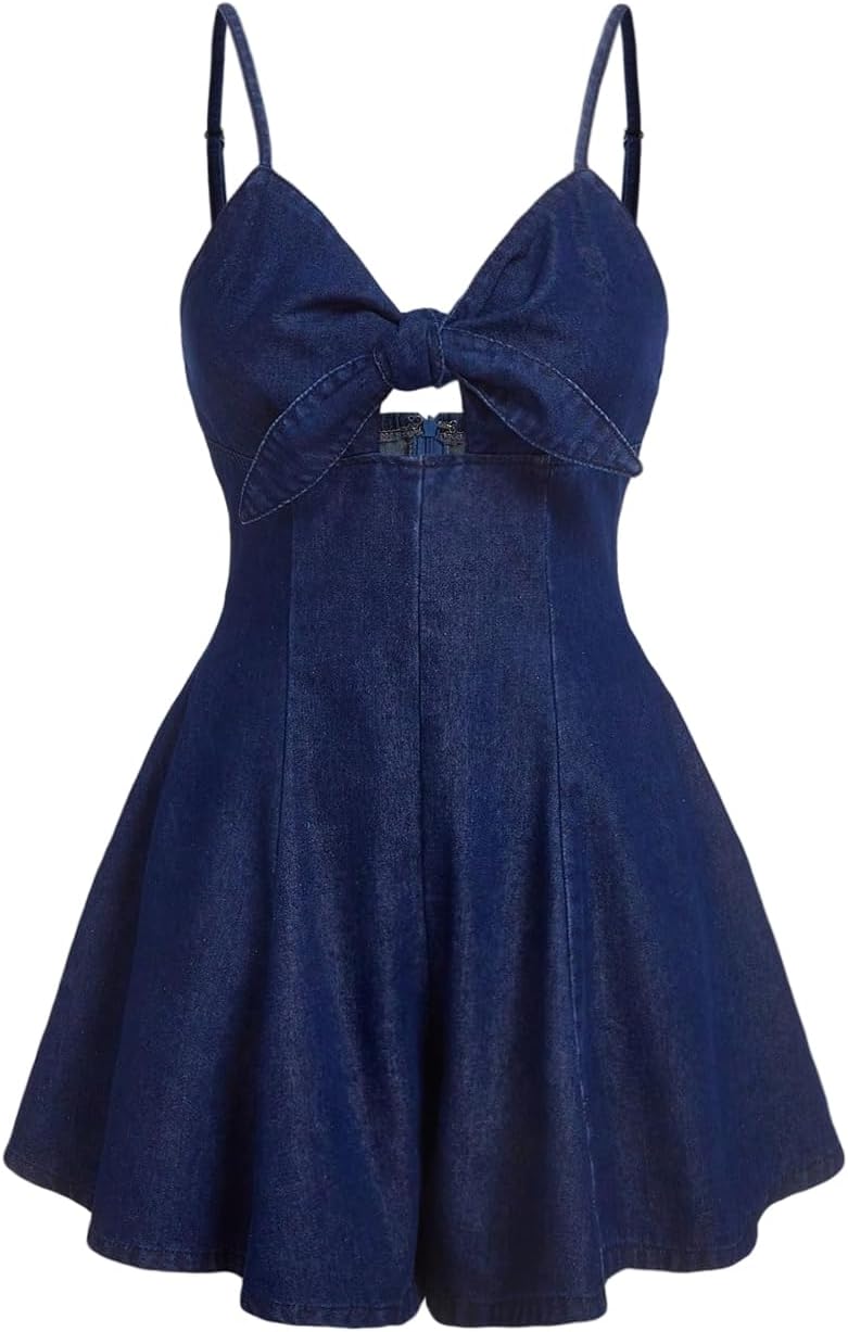 OYOANGLE Women's Vintage Bowknot Spaghetti Strap Denim Romper Jean Dress | Sleeveless Wide Leg, Short Jumpsuits, Country Concert Outfits, Cowgirl Outfits, Summer, Western, Cute