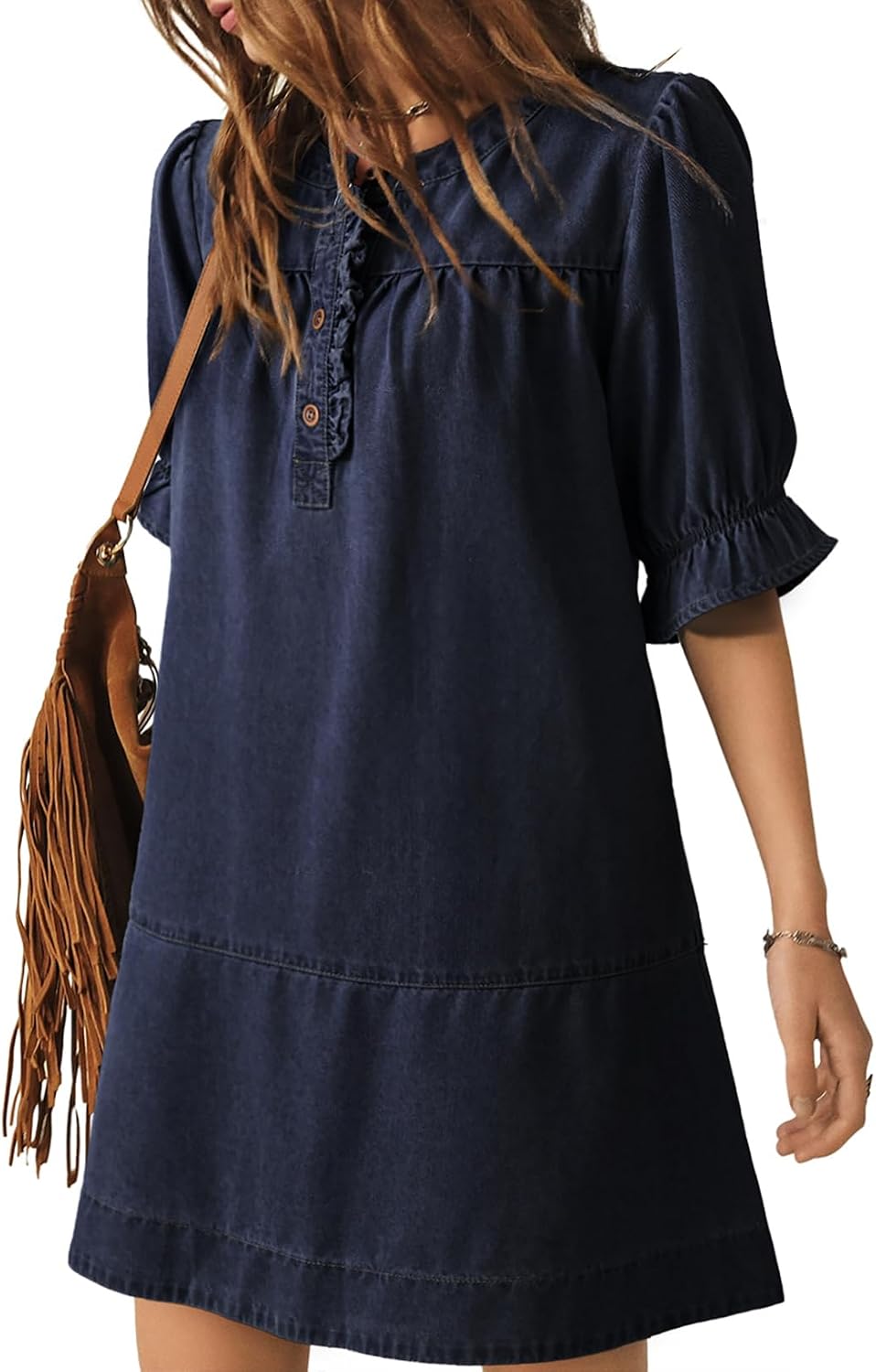 Dokotoo Women's Denim Dress Ruffle Short Sleeve Button Cowgirl Jean Dress | Crewneck,Flare Sleeve,Babydoll,Button Down,Loose Fit,A-Line,Tiered,Country Concert,Cowgirl,Western Outfit,Casual