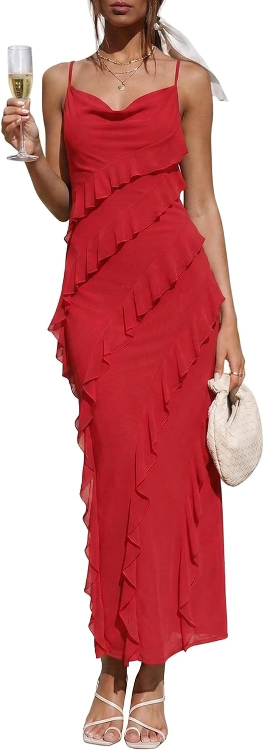 OULESIS Wedding Guest Dress for Women Ruffle Spaghetti Strap Formal Dresses | Summer Wedding Guest Dress for Women 2026 Spaghetti Strap Bodycon Maxi Dress Ruffle Formal Cocktail Dresses