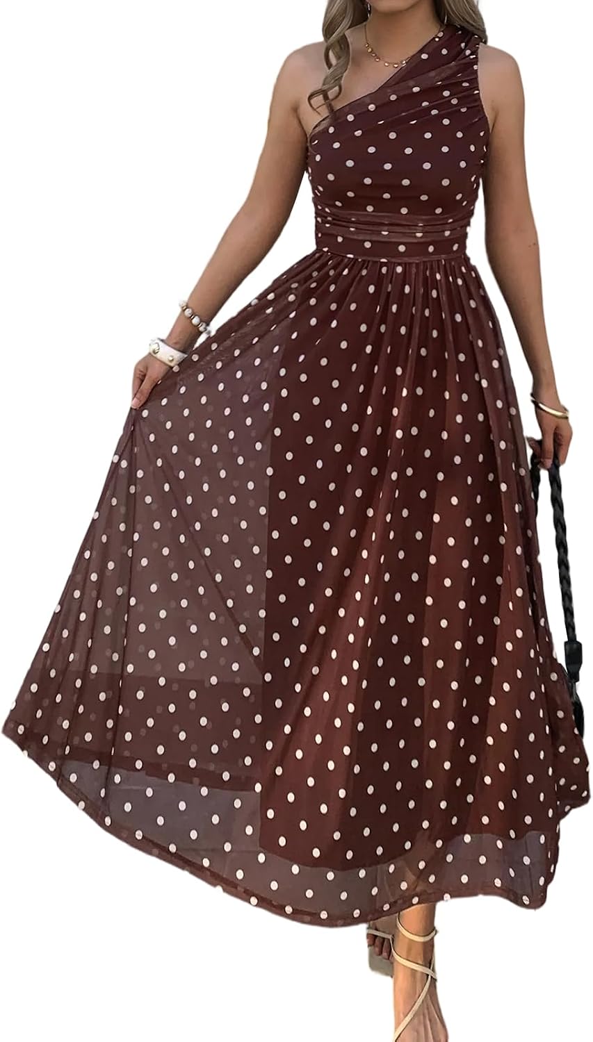 Evzeiem Women One Shoulder Floral Wedding Guest Maxi Dresses | Spring Summer Boho Beach Vacation Resort Dress,Flowy Party Garden Cruise Outfit Sundress, Ruched Mesh Night Out Formal Dress