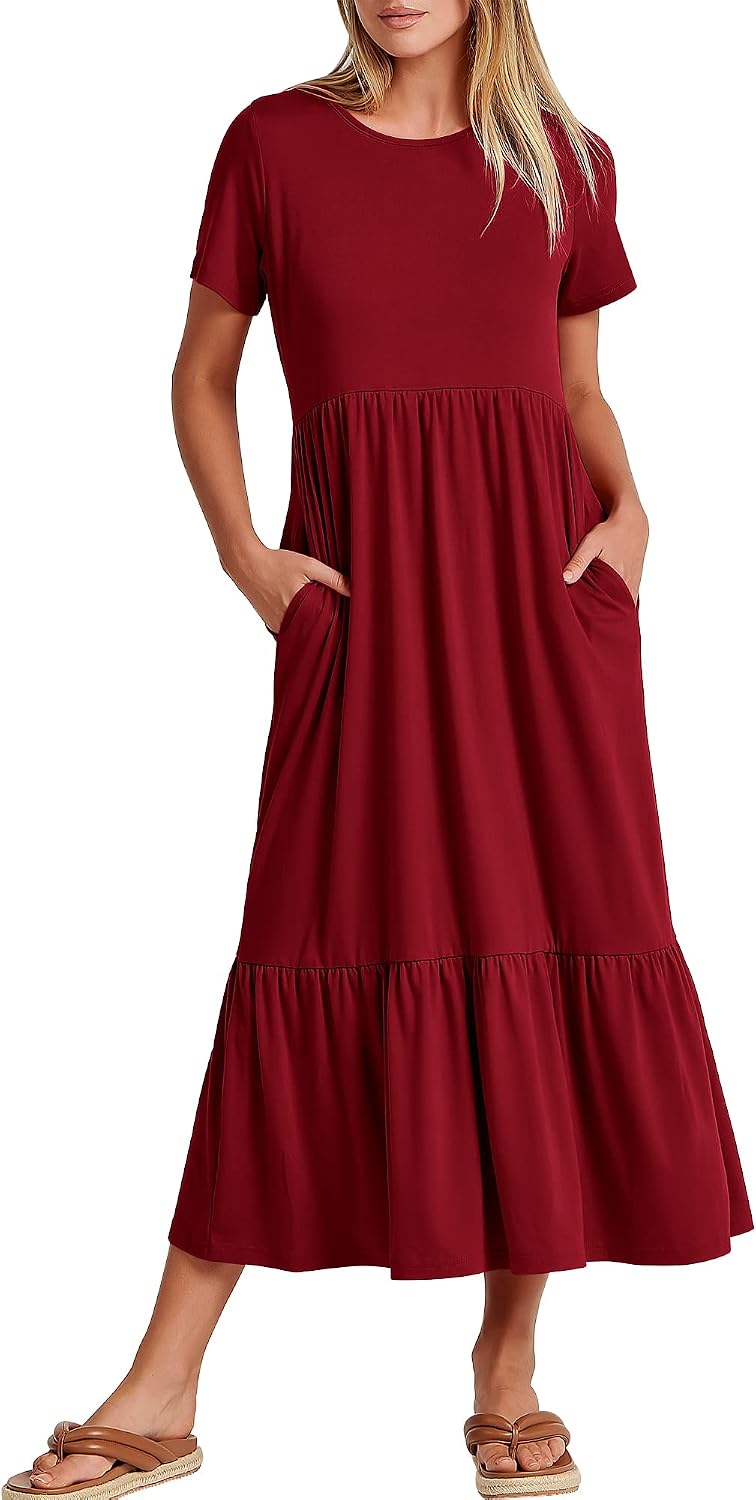 ANRABESS Womens 2026 Summer Casual Short Sleeve Maxi Dress with Pockets | A-Line Tiered Flowy Crewneck T Shirt Dresses，Comfy Modest Long Dress，Beach Travel Vacation Sundress，Work Teacher Outfits