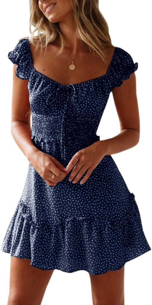 YOBECHO Women Summer Sundress Cap Sleeve Sweetheart Neck Print Mini Dress | Sundresses, Smocked Waist, Boho Floral, Flowy Ruffle Hem, Beach, Country Concert, Date Night