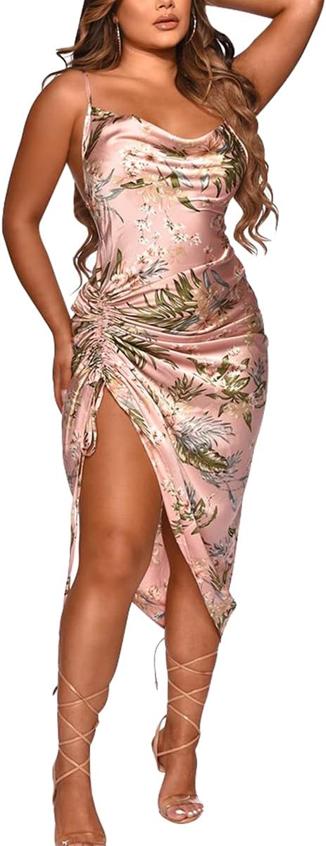 Women's Spaghetti Strap Satin Dress Sexy Backless Drawstring Ruched Split Hem Cocktail Evening Party