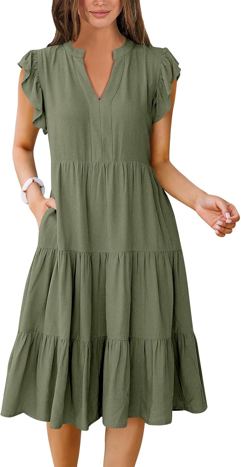 ANRABESS Womens Summer Dress Ruffle Sleeve V Neck Midi Dresses | Flowy Tiered Boho Beach Sundress, Casual Fit Knee Length, Fashion Vacation Work Outfits 2026