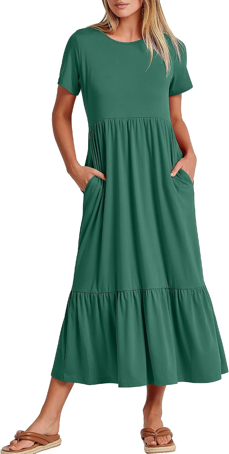 ANRABESS Womens 2026 Summer Casual Short Sleeve Maxi Dress with Pockets | A-Line Tiered Flowy Crewneck T Shirt Dresses，Comfy Modest Long Dress，Beach Travel Vacation Sundress，Work Teacher Outfits