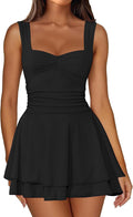 IWD Women's Square Neck Sleeveless Mini Dress Corset A Line Short Dresses | Ruched Waist Flowy Tiered Ruffle Hem Party Dresses