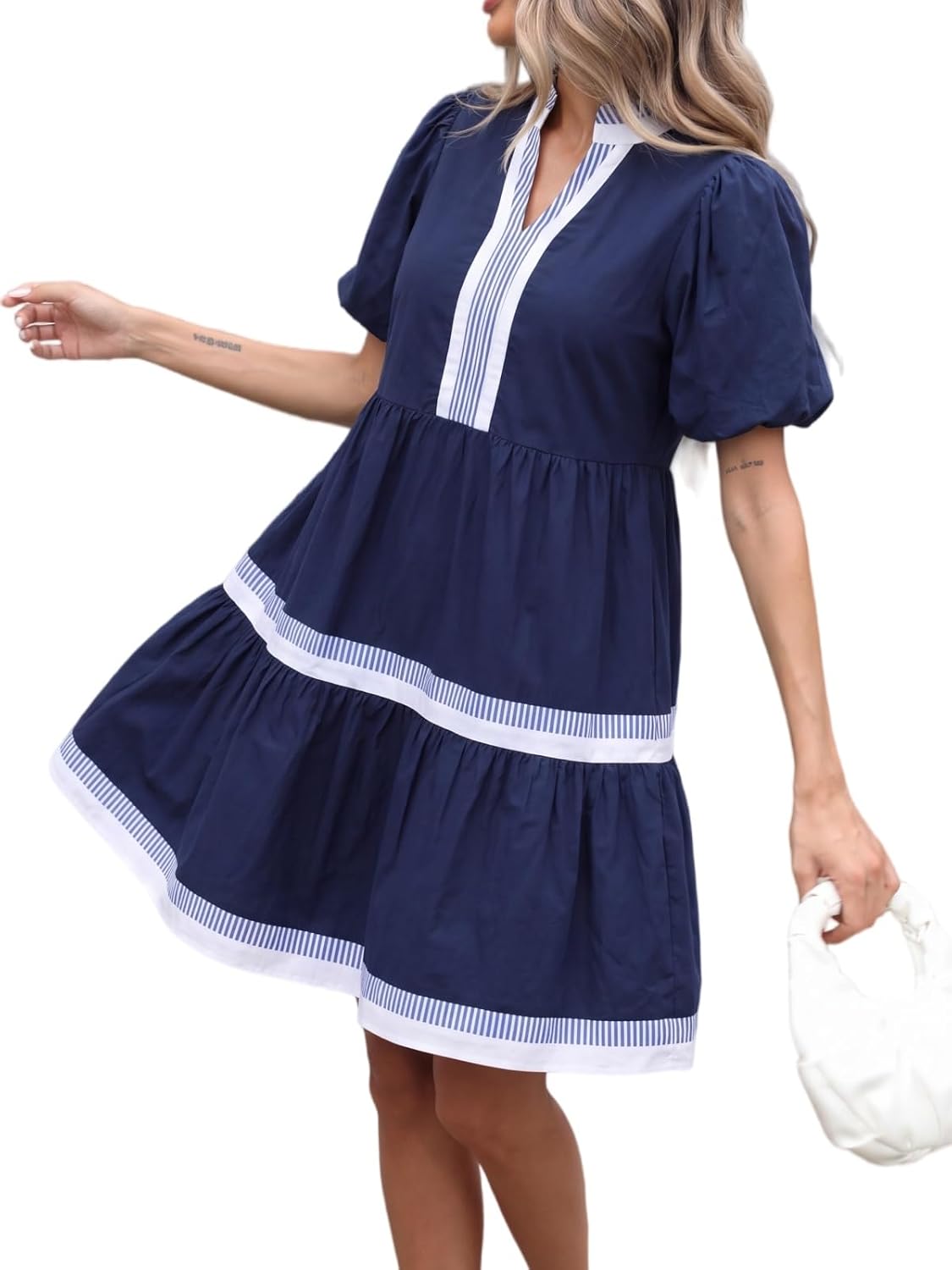 LifeShe Womens Puff Sleeve Babydoll Dress V Neck Navy Blue Striped Color Block Tiered Mini Dresses