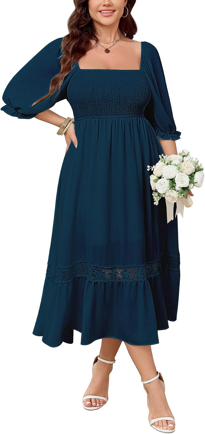SCOMCHIC Womens 2026 Plus Size Fall Dresses White Bridal Shower Maxi Dress | Square Neck, Smocked, Spring, Flowy A-Line, Lace Trim, Boho, Wedding Guest, Tea Party Dress