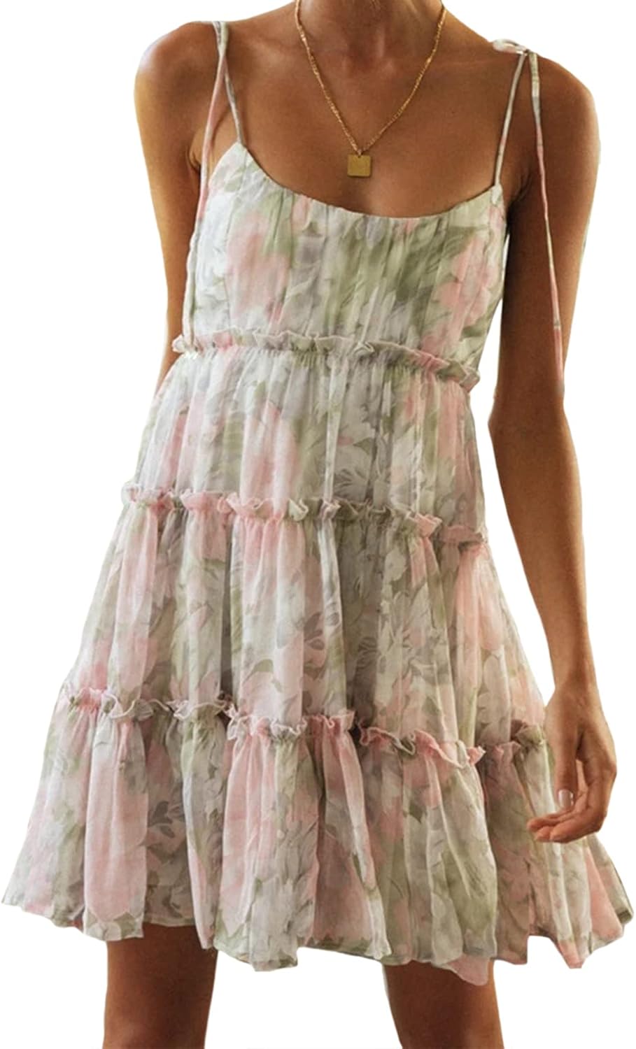 Mansy Boho Floral Mini Dress for Women Spaghetti Strap Ruffle Sundress | 2026 cottagecore A-line skater cut,adjustable straps & smocked bust. Casual wear for beach,school,vacation