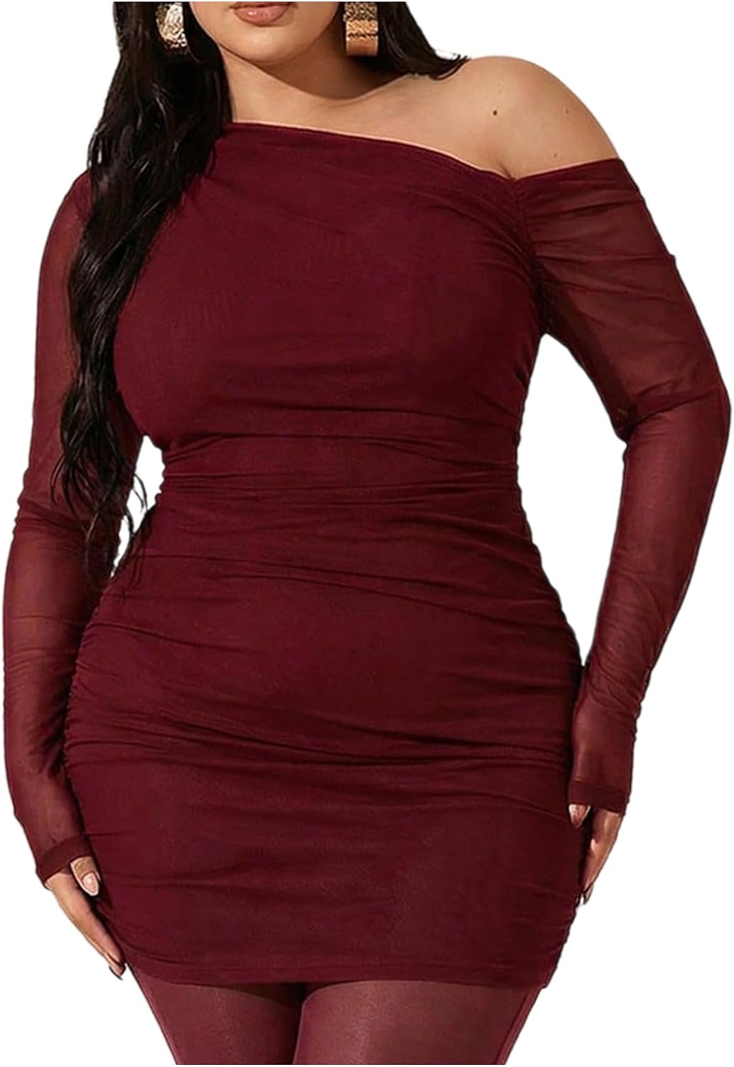 Floerns Women's Plus Size Off The Shoulder Mesh Long Sleeve Mini Dresses | Off The Shoulder, Sheer Mesh, Bodycon, Club, Going Out Dresses, Birthday Party Fall Outfits