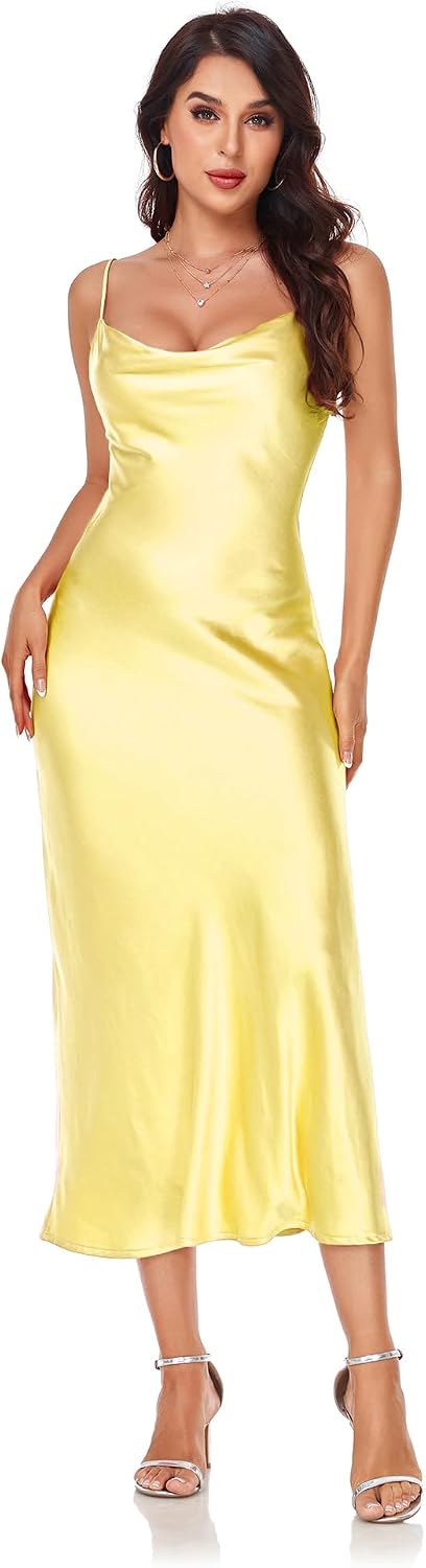 Women's Spaghetti Strap Midi Satin Silk Dresses Slip Cowl Neck Party Cocktail Evening Sexy Dress