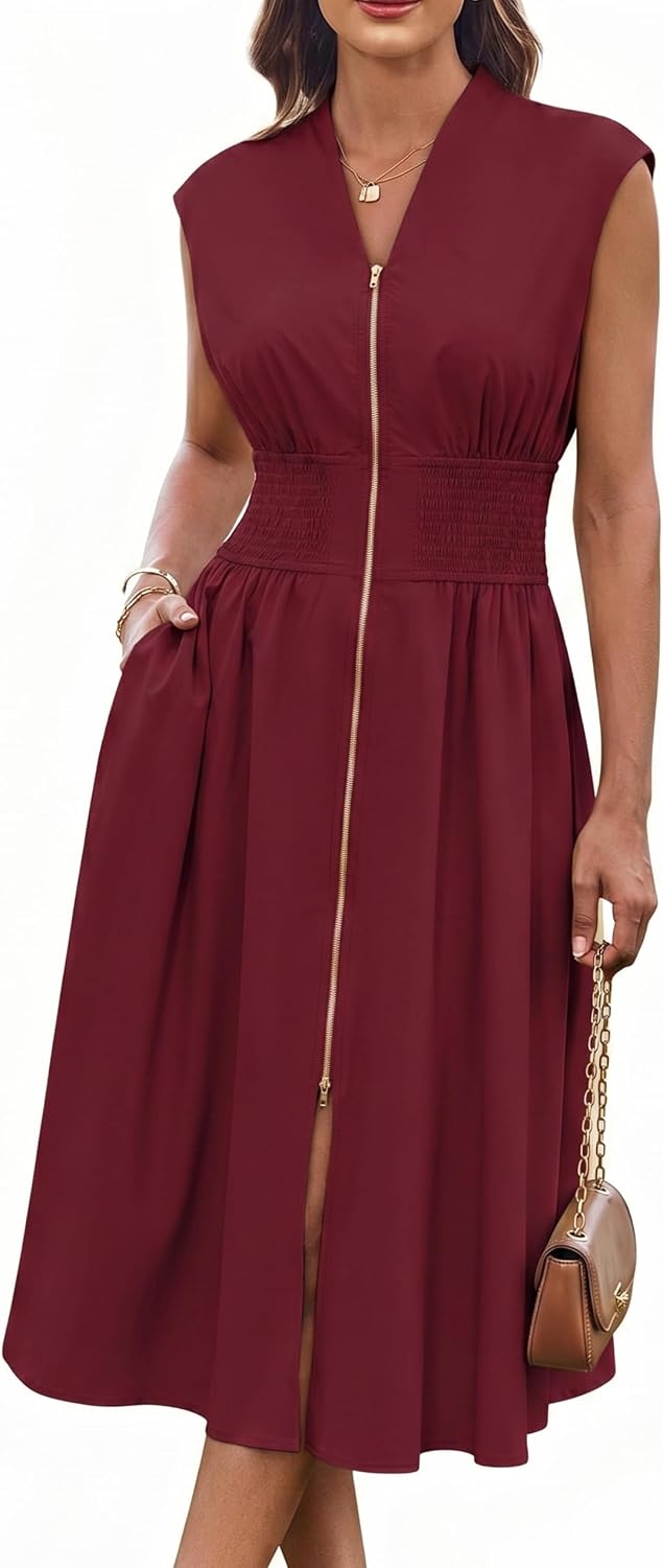 GRACE KARIN Womens Casual Dress, Business Office Work Homecoming Dresses | 2026, Cap Sleeve, Zipper Front, V Neck, Professional, Knee Length, Sleeveless, Flowy, Midi, Fall, Formal, Wedding, Hoco
