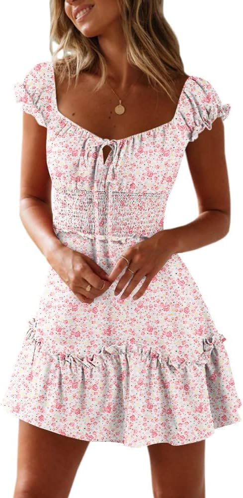 YOBECHO Women Summer Sundress Cap Sleeve Sweetheart Neck Print Mini Dress | Sundresses, Smocked Waist, Boho Floral, Flowy Ruffle Hem, Beach, Country Concert, Date Night