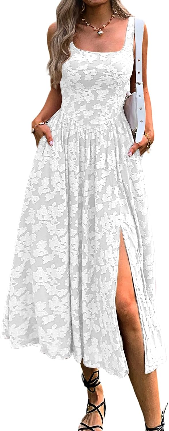 Mieazom Women's Floral Boho Flowy Slit Maxi Dress with Pockets | Square Neck,Drop Waist,Summer Beach Vacation,Cute Jacquard,Swing Long Sundress,A Line,Wedding Guest,Evening Dinner Party