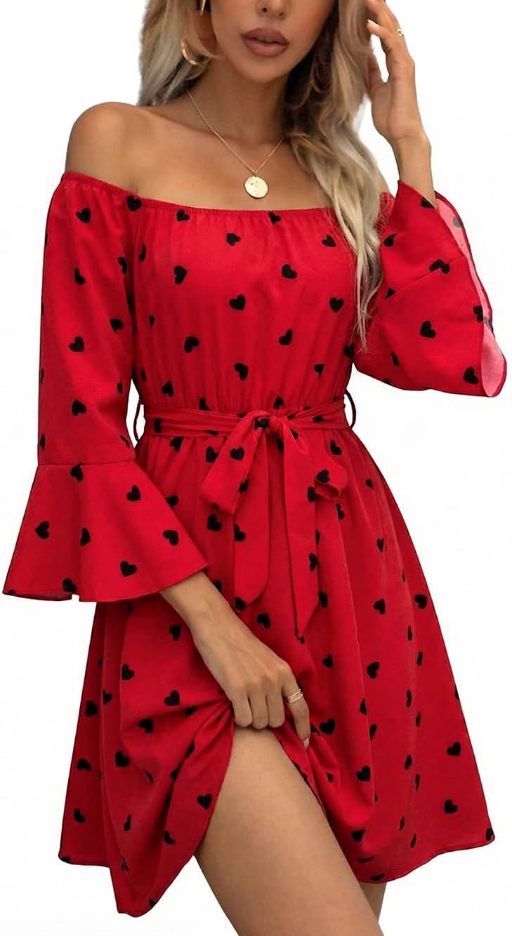 JECEIKA Fall Dress for Women, Off Shoulder Spring Dress for Wedding Guest | Ruffle Long Sleeves Fitted Bust Midi Dress,with Belt,for Mother's Day,Thanksgiving,Wedding Guest,Graduation,Valentine's Day
