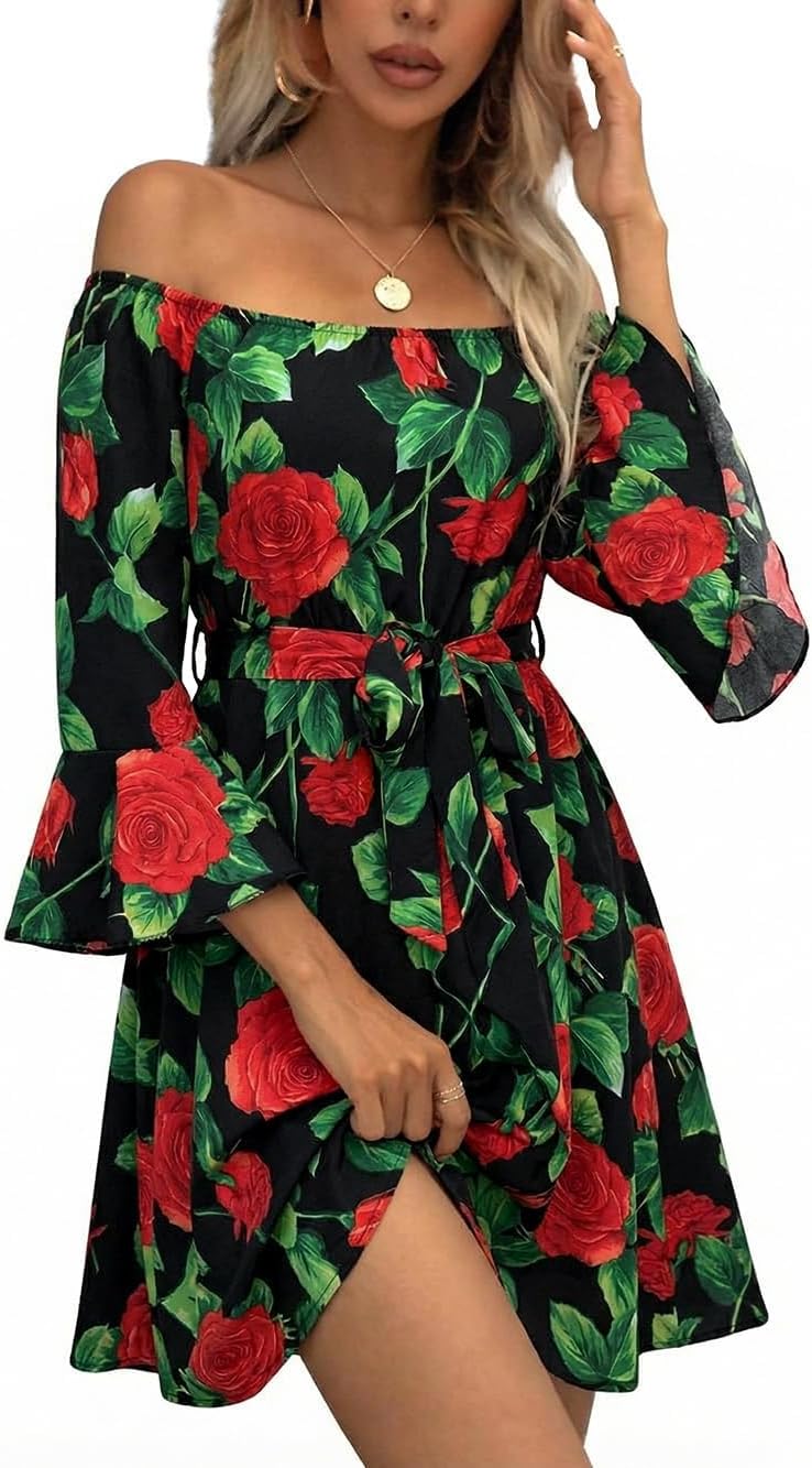 JECEIKA Fall Dress for Women, Off Shoulder Spring Dress for Wedding Guest | Ruffle Long Sleeves Fitted Bust Midi Dress,with Belt,for Mother's Day,Thanksgiving,Wedding Guest,Graduation,Valentine's Day