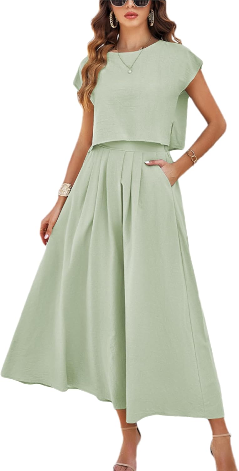 HangNiFang Summer Skirt Sets Women 2 Piece Outfits Maxi Dress Sets Pocketed | Cap Sleeve Side Split Tops, Elastic Waist Maxi Dress, Two Piece Skirt Sets, Two Side Pockets, Flowy Skirt, Cool Fabric