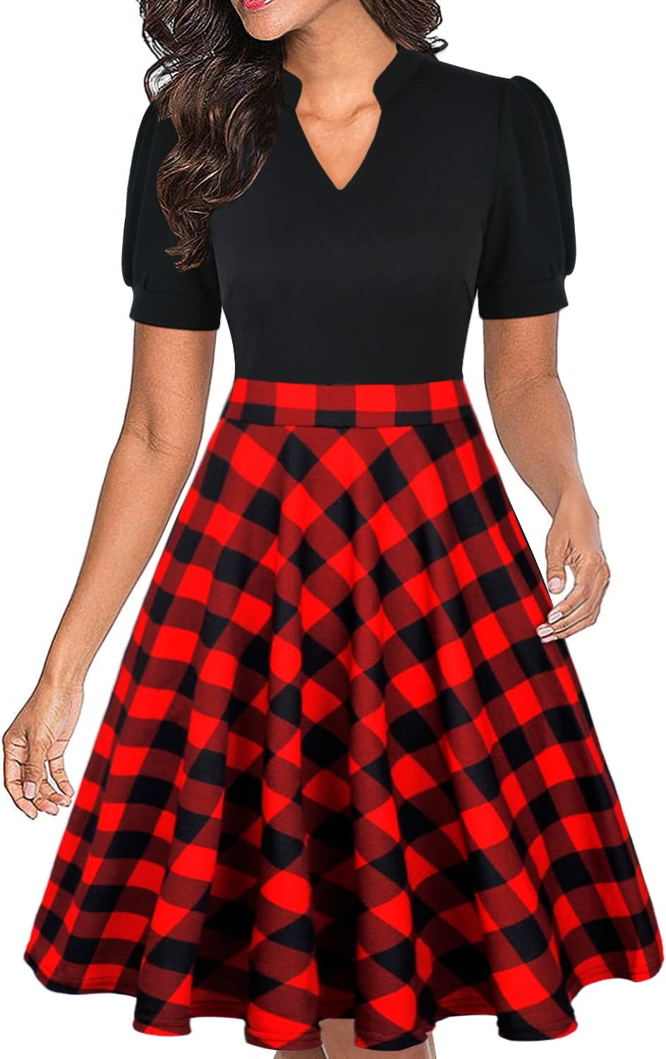 Mokayee Womens Summer Short Puff Sleeve Casual Semi-Formal Fit and Flare Church Wedding Guest Work Dresses with Pockets
