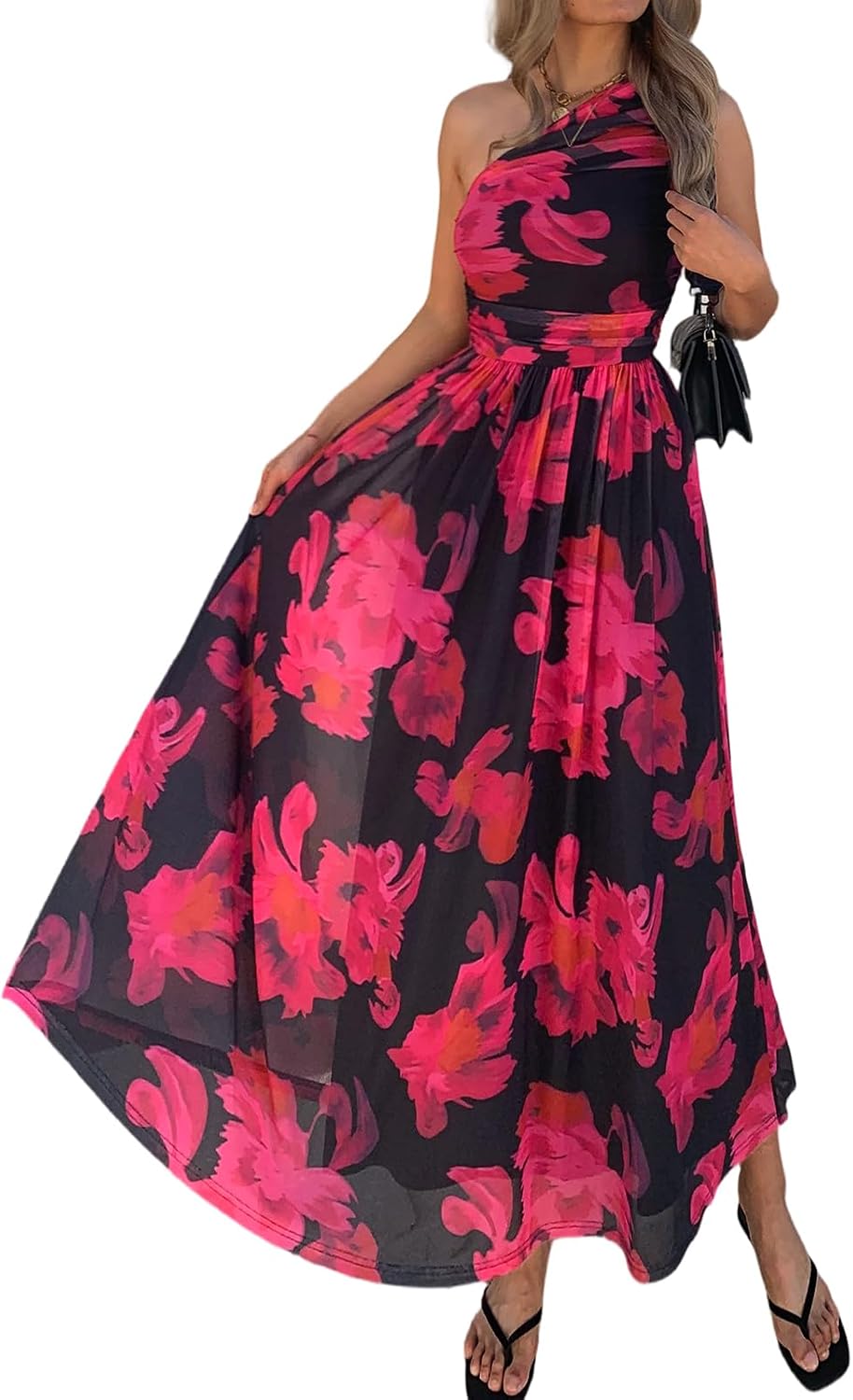 Evzeiem Women One Shoulder Floral Wedding Guest Maxi Dresses | Spring Summer Boho Beach Vacation Resort Dress,Flowy Party Garden Cruise Outfit Sundress, Ruched Mesh Night Out Formal Dress