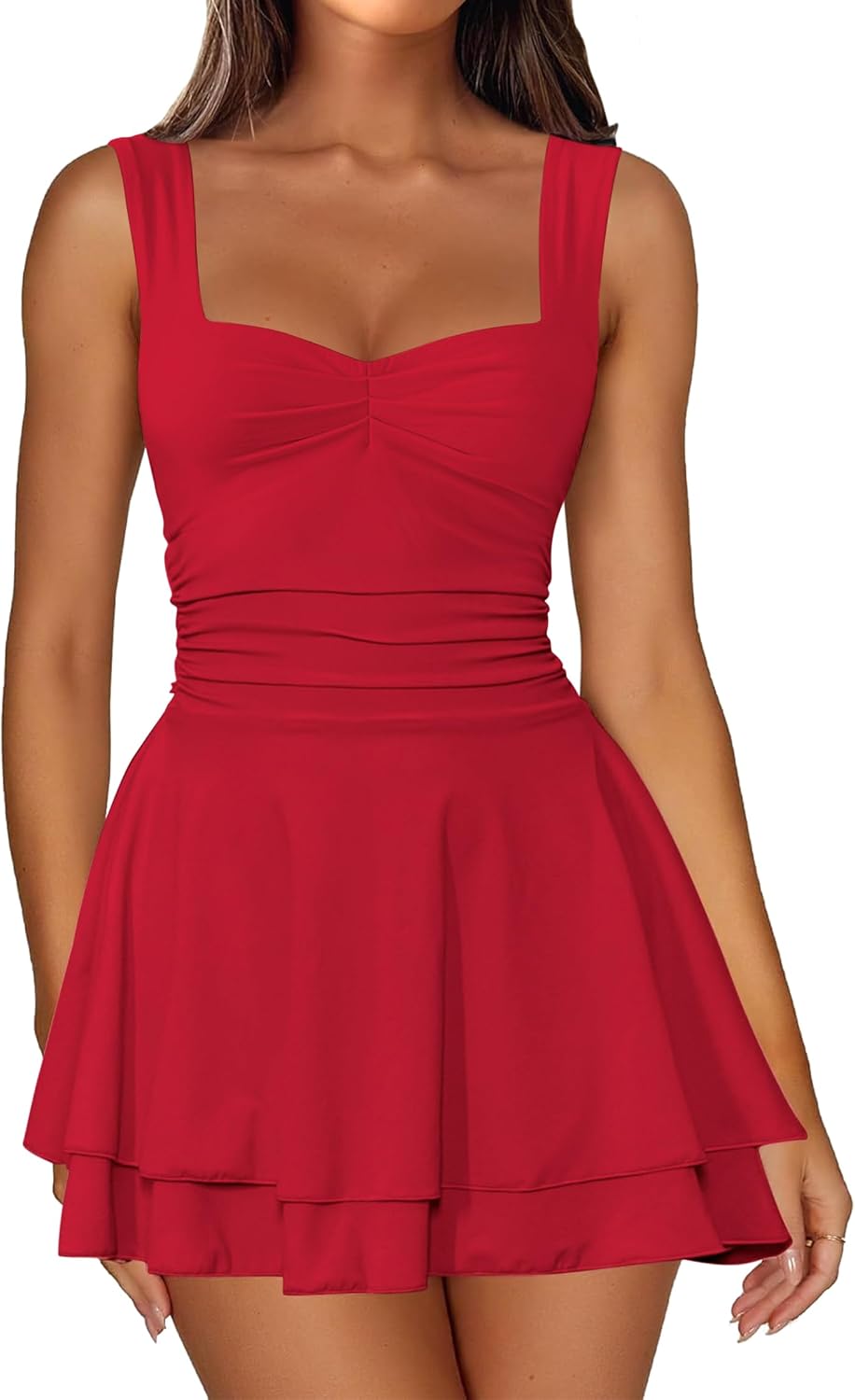 IWD Women's Square Neck Sleeveless Mini Dress Corset A Line Short Dresses | Ruched Waist Flowy Tiered Ruffle Hem Party Dresses