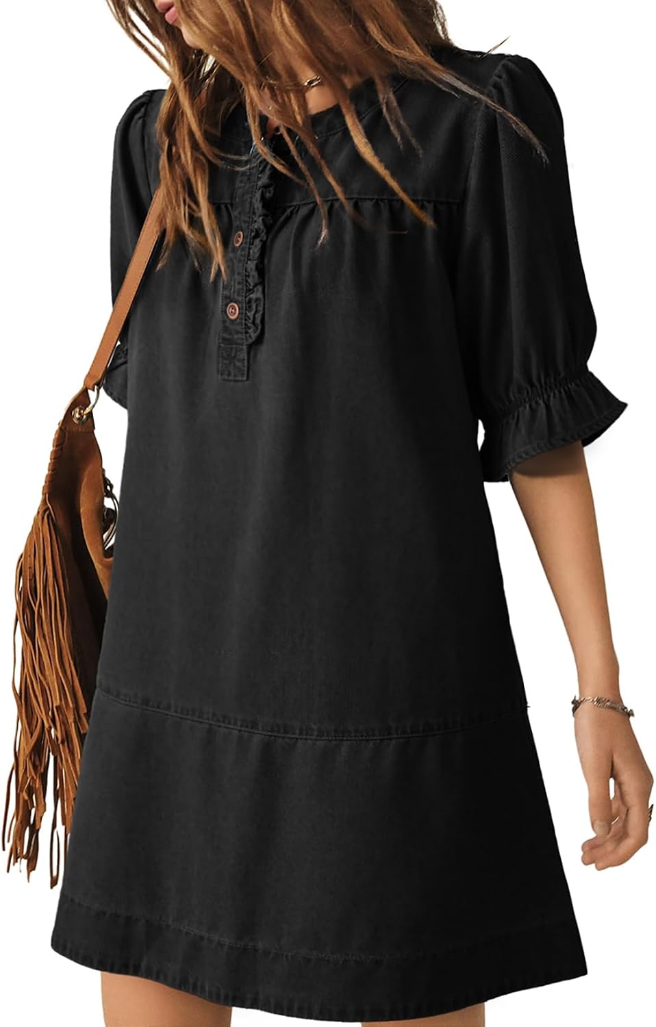 Dokotoo Women's Denim Dress Ruffle Short Sleeve Button Cowgirl Jean Dress | Crewneck,Flare Sleeve,Babydoll,Button Down,Loose Fit,A-Line,Tiered,Country Concert,Cowgirl,Western Outfit,Casual