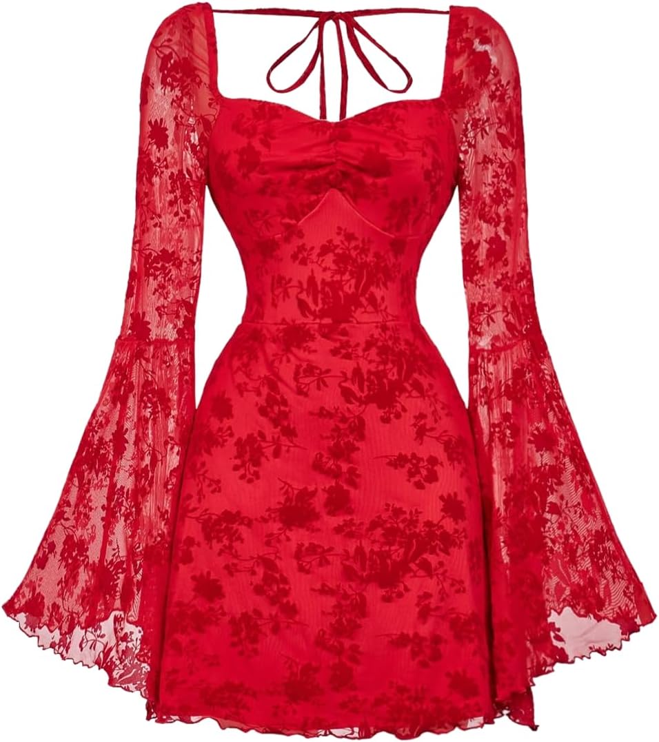 WDIRARA Women's Floral Jacquard Gothic Bell Long Sleeve Dress | Mesh , A Line, Vintage
