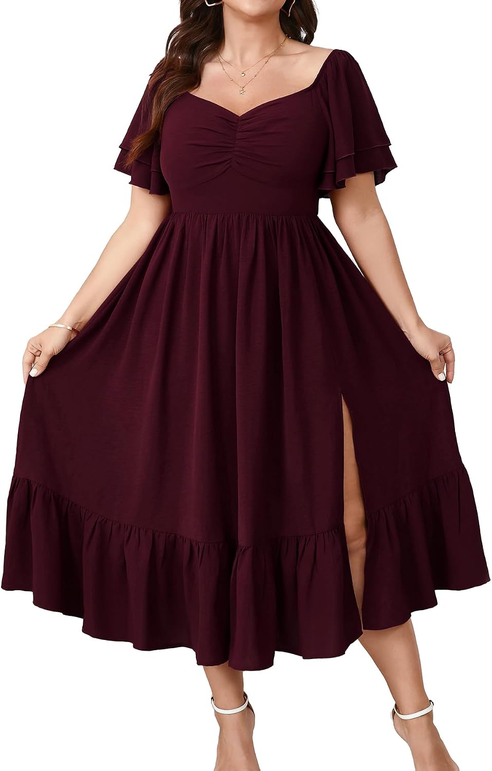 SCOMCHIC Womens Plus Size Wedding Guest Cocktail Dresses | Sweetheart Neckline, Short Sleeve, Smocked, Ruffle Slit, Party, Formal, Summer, Long, Maxi Dress