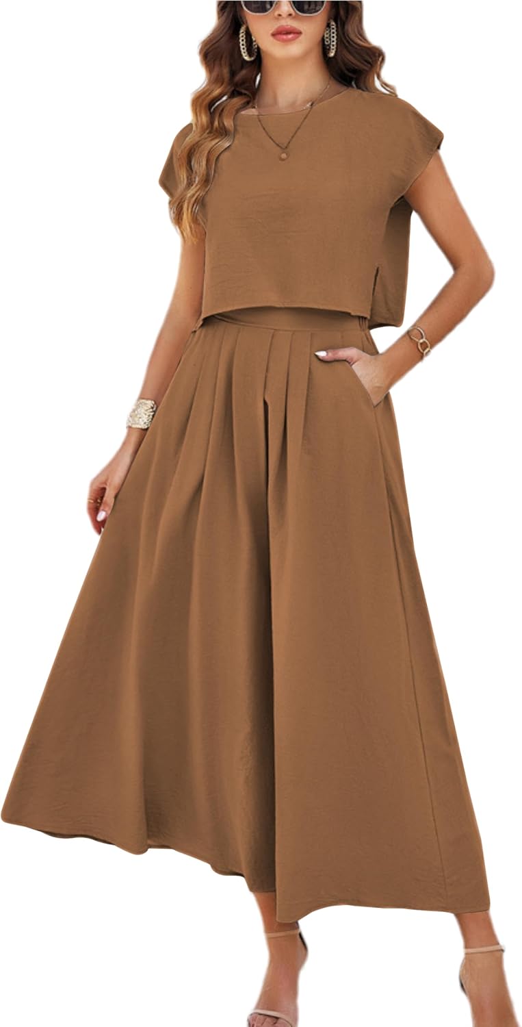 HangNiFang Summer Skirt Sets Women 2 Piece Outfits Maxi Dress Sets Pocketed | Cap Sleeve Side Split Tops, Elastic Waist Maxi Dress, Two Piece Skirt Sets, Two Side Pockets, Flowy Skirt, Cool Fabric