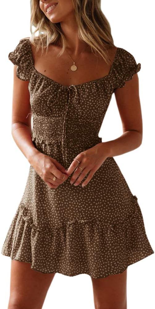 YOBECHO Women Summer Sundress Cap Sleeve Sweetheart Neck Print Mini Dress | Sundresses, Smocked Waist, Boho Floral, Flowy Ruffle Hem, Beach, Country Concert, Date Night