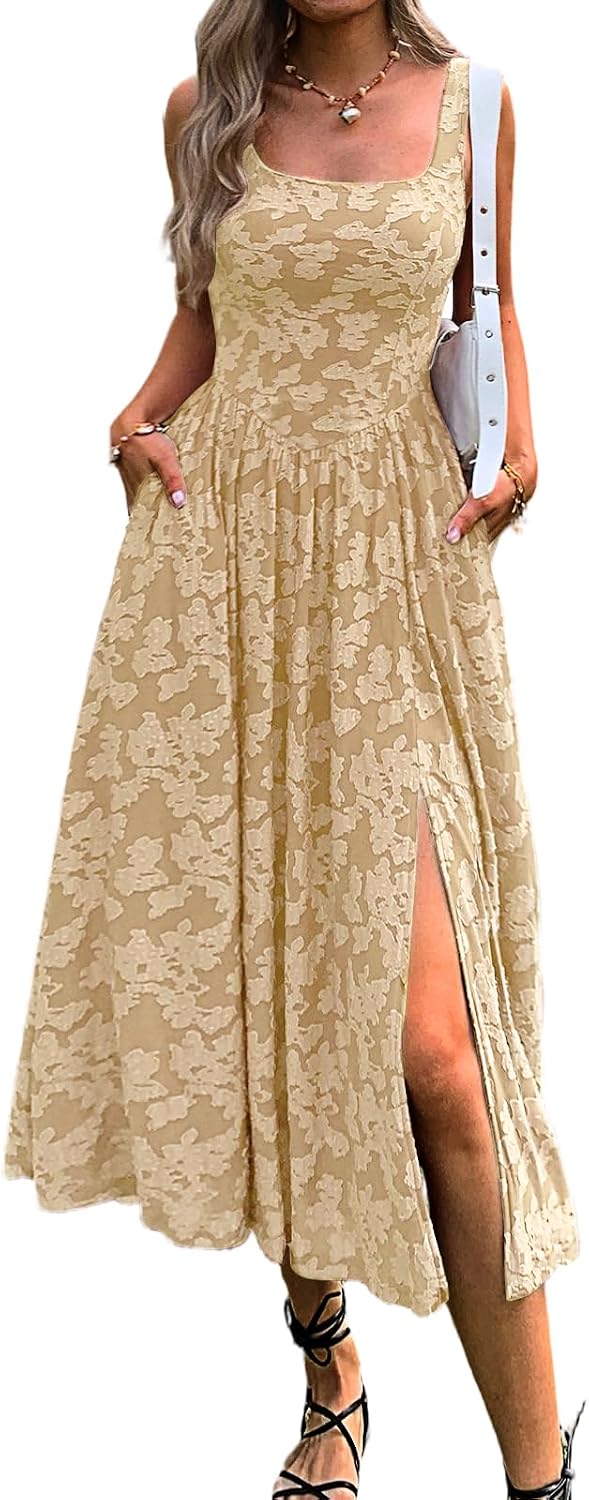 Mieazom Women's Floral Boho Flowy Slit Maxi Dress with Pockets | Square Neck,Drop Waist,Summer Beach Vacation,Cute Jacquard,Swing Long Sundress,A Line,Wedding Guest,Evening Dinner Party