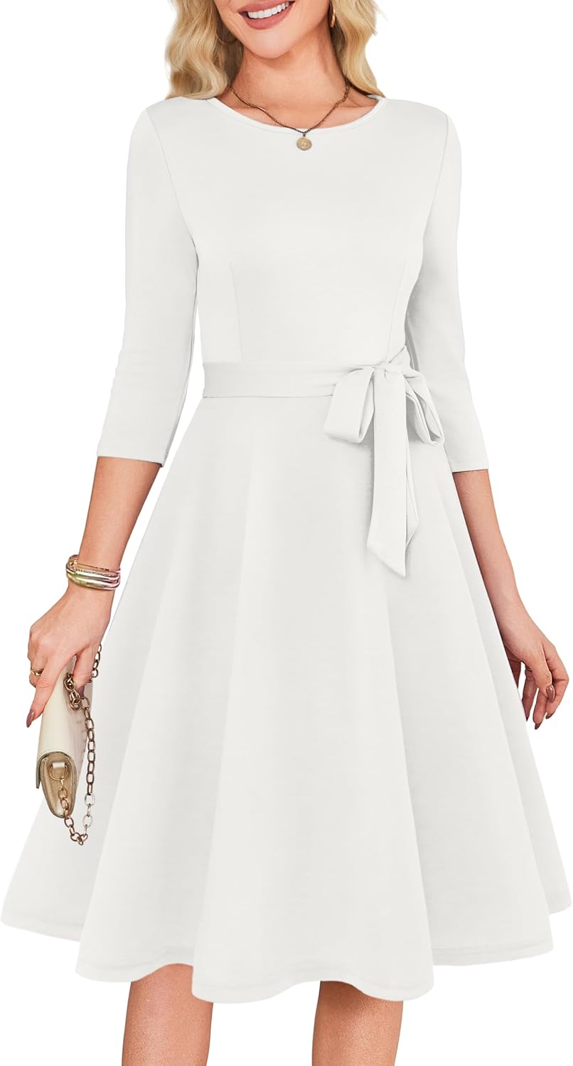 RUMIA Womens Cocktail Dresses 3\/4 Sleeve Dress with Belt (XS-3XL) | Wrinkle-resistant & Tummy-flattering Vintage Fit. Ideal for Wedding Guest, Church, Work, Vacation & Holiday events.
