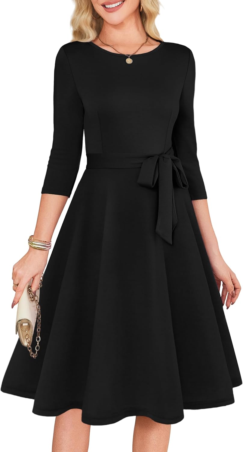 RUMIA Womens Cocktail Dresses 3\/4 Sleeve Dress with Belt (XS-3XL) | Wrinkle-resistant & Tummy-flattering Vintage Fit. Ideal for Wedding Guest, Church, Work, Vacation & Holiday events.